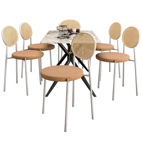 Elega 7-Piece Dining Set with Rectangular Sintered Stone Table and 6 Velvet Side Chairs with Wicker Back