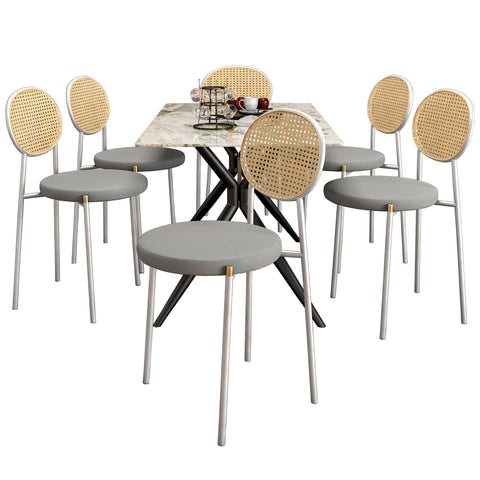 Elega 7-Piece Dining Set with Rectangular Sintered Stone Table and 6 Velvet Side Chairs with Wicker Back