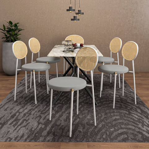 Elega 7-Piece Dining Set with Rectangular Sintered Stone Table and 6 Velvet Side Chairs with Wicker Back