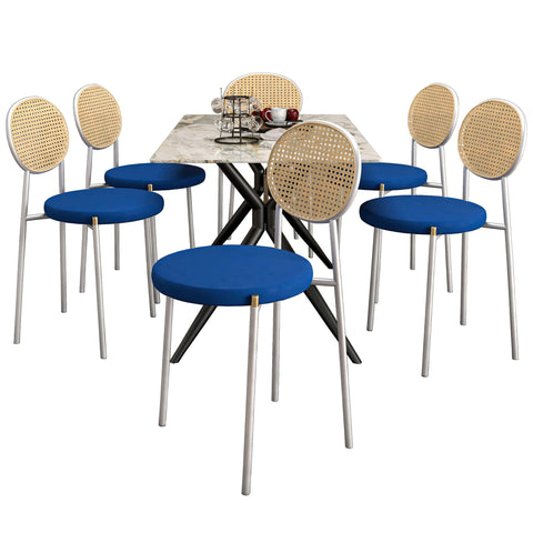 Elega 7-Piece Dining Set with Rectangular Sintered Stone Table and 6 Velvet Side Chairs with Wicker Back