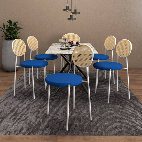 Elega 7-Piece Dining Set with Rectangular Sintered Stone Table and 6 Velvet Side Chairs with Wicker Back