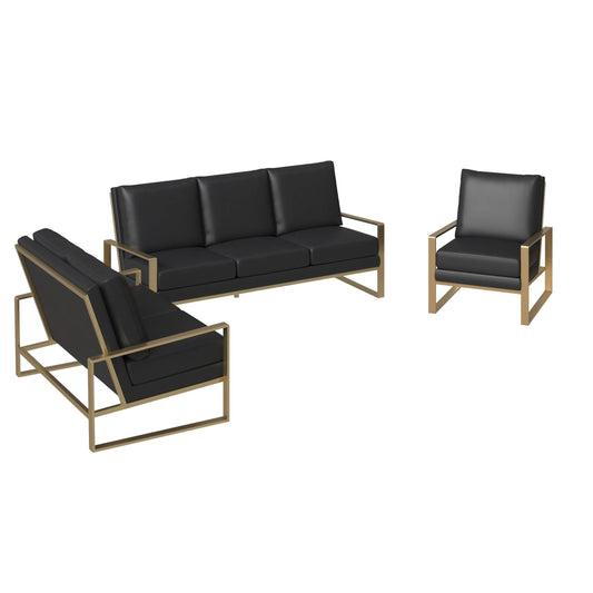 Jefferson 3-Piece Leather Sofa Set with Gold Stainless Steel Base Accent Chair and Loveseat