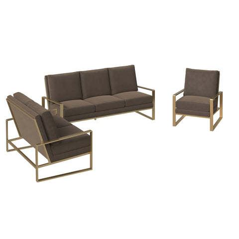 Jefferson 3-Piece Velvet Sofa Set with Gold Stainless Steel Base Accent Chair and Loveseat