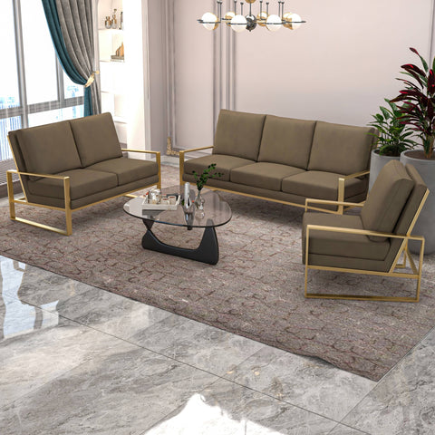 Jefferson 3-Piece Velvet Sofa Set with Gold Stainless Steel Base Accent Chair and Loveseat