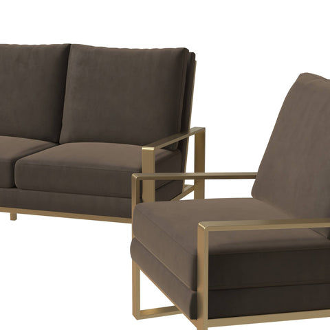 Jefferson 3-Piece Velvet Sofa Set with Gold Stainless Steel Base Accent Chair and Loveseat