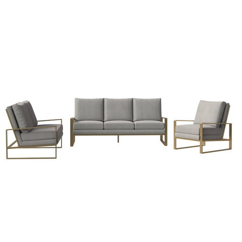 Jefferson 3-Piece Velvet Sofa Set with Gold Stainless Steel Base Accent Chair and Loveseat