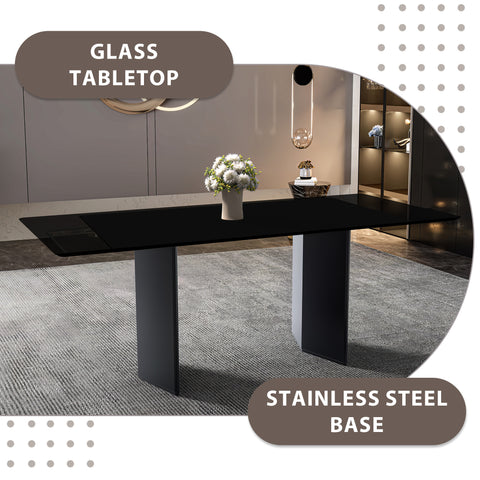 Lior Modern Dining Table with Rectangular Glass/Sintered Stone Tabletop and Black Steel Legs