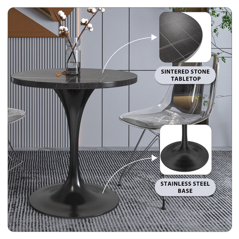 Verve Modern Dining Table with a 27" Round Sintered Stone Tabletop and White Steel Pedestal Base