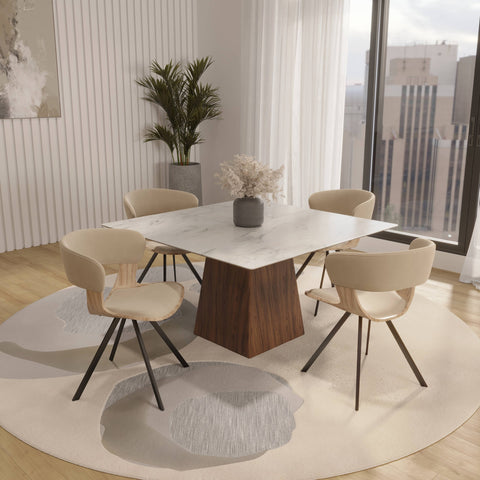 Nymia Modern Upholstered Dining Chair With Saddle Seat Design and Iron Legs