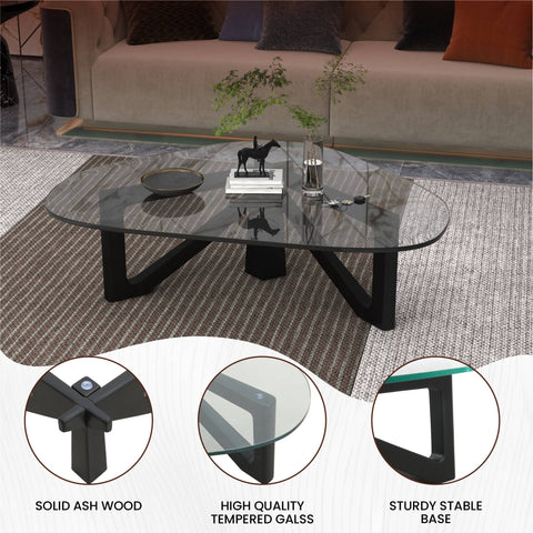 Imperial Triangular Coffee Table with a Glass Tabletop and Wood Base