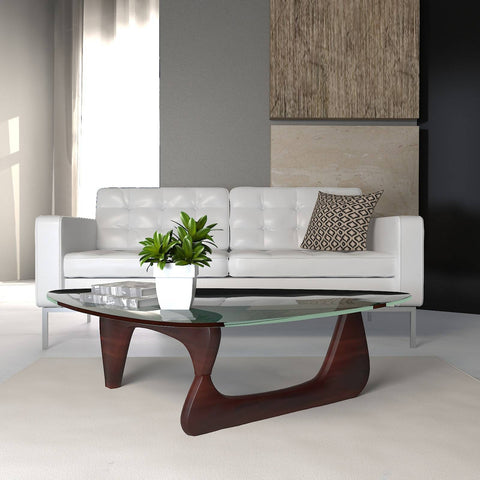 Imperial Triangular Coffee Table with a Glass Tabletop and Wood Base