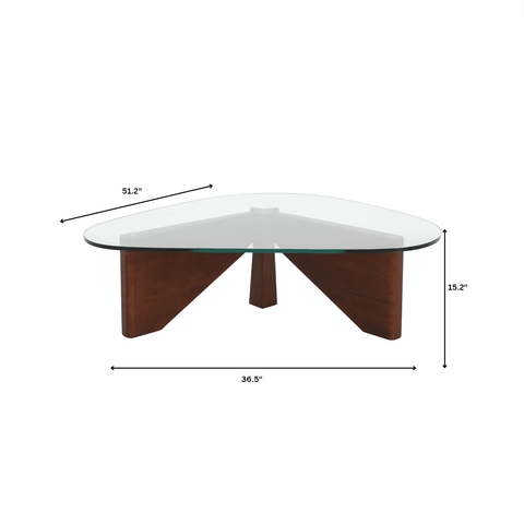 Imperial Triangular Coffee Table with a Glass Tabletop and Wood Base