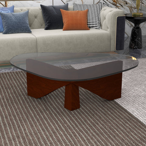 Imperial Triangular Coffee Table with a Glass Tabletop and Wood Base