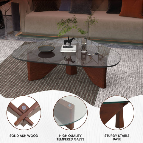 Imperial Triangular Coffee Table with a Glass Tabletop and Wood Base