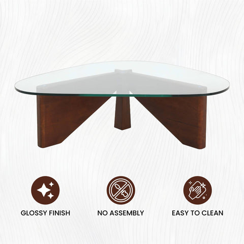 Imperial Triangular Coffee Table with a Glass Tabletop and Wood Base