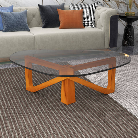 Imperial Triangular Coffee Table with a Glass Tabletop and Wood Base