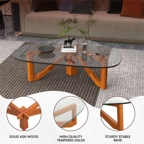 Imperial Triangular Coffee Table with a Glass Tabletop and Wood Base