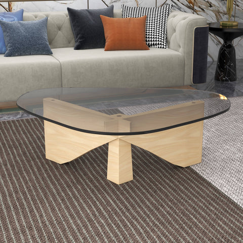 Imperial Triangular Coffee Table with a Glass Tabletop and Wood Base