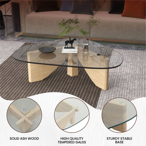 Imperial Triangular Coffee Table with a Glass Tabletop and Wood Base