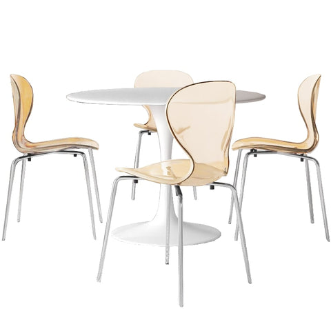 LeisureMod Bristol 5-Piece Dining Set Round White MDF Dining Table and 4 Acrylic Dining Chairs with Chrome Legs