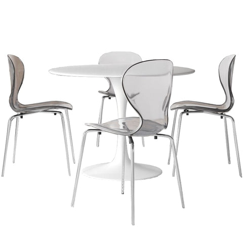 LeisureMod Bristol 5-Piece Dining Set Round White MDF Dining Table and 4 Acrylic Dining Chairs with Chrome Legs