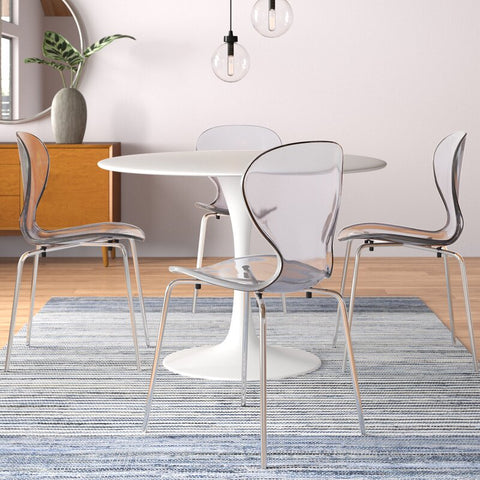 LeisureMod Bristol 5-Piece Dining Set Round White MDF Dining Table and 4 Acrylic Dining Chairs with Chrome Legs