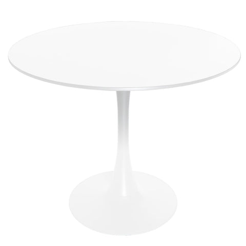 LeisureMod Bristol 5-Piece Dining Set Round White MDF Dining Table and 4 Acrylic Dining Chairs with Chrome Legs