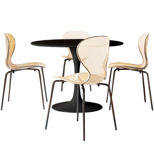 LeisureMod 5-Piece Dining Set Round Black MDF Dining Table and 4 Acrylic Dining Chairs with Chrome Legs