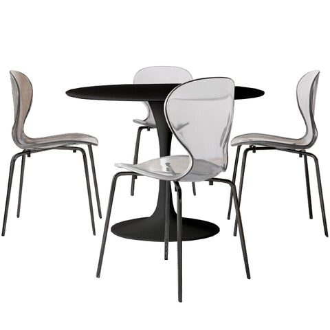 LeisureMod 5-Piece Dining Set Round Black MDF Dining Table and 4 Acrylic Dining Chairs with Chrome Legs