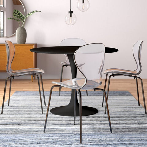 LeisureMod 5-Piece Dining Set Round Black MDF Dining Table and 4 Acrylic Dining Chairs with Chrome Legs