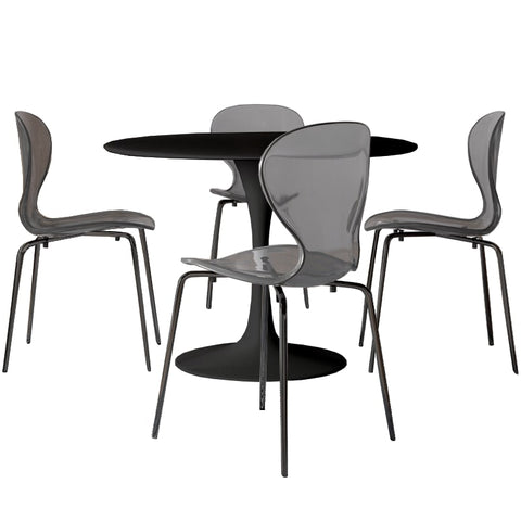 LeisureMod 5-Piece Dining Set Round Black MDF Dining Table and 4 Acrylic Dining Chairs with Chrome Legs