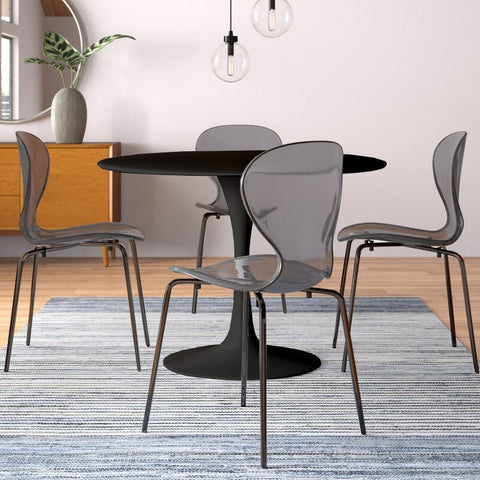 LeisureMod 5-Piece Dining Set Round Black MDF Dining Table and 4 Acrylic Dining Chairs with Chrome Legs