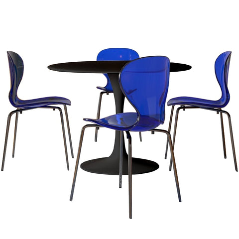 LeisureMod 5-Piece Dining Set Round Black MDF Dining Table and 4 Acrylic Dining Chairs with Chrome Legs