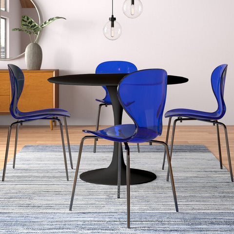 LeisureMod 5-Piece Dining Set Round Black MDF Dining Table and 4 Acrylic Dining Chairs with Chrome Legs