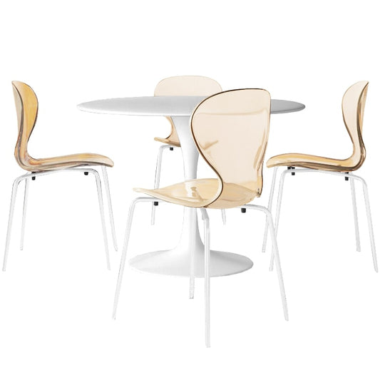 LeisureMod 5-Piece Dining Set Round White MDF Table and 4 Acrylic Chairs with White Base