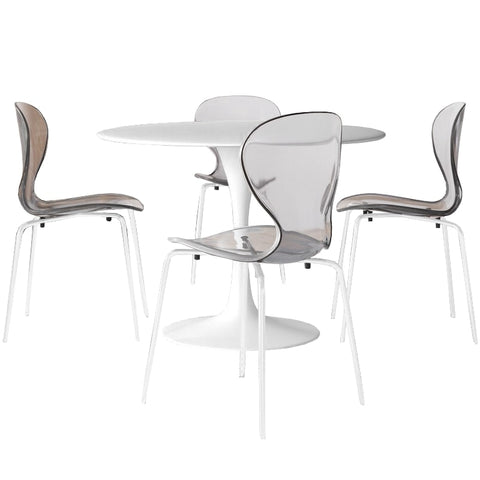 LeisureMod 5-Piece Dining Set Round White MDF Table and 4 Acrylic Chairs with White Base