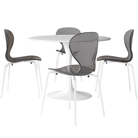 LeisureMod 5-Piece Dining Set Round White MDF Table and 4 Acrylic Chairs with White Base