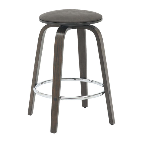 Pelya Modern Swivel Counter Stool Upholstered in Leather With Chrome Iron Footrest