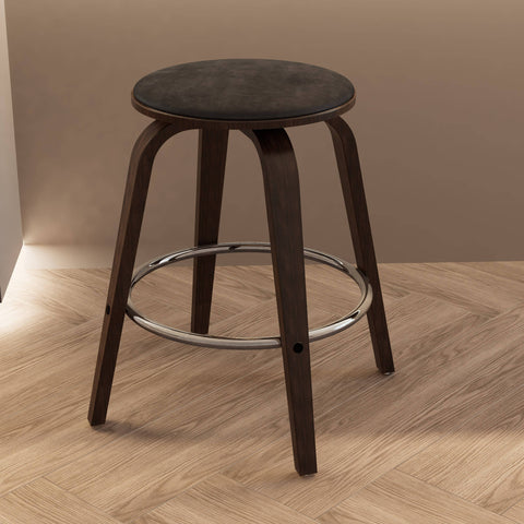 Pelya Modern Swivel Counter Stool Upholstered in Leather With Chrome Iron Footrest