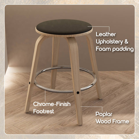 Pelya Modern Swivel Counter Stool Upholstered in Leather With Chrome Iron Footrest