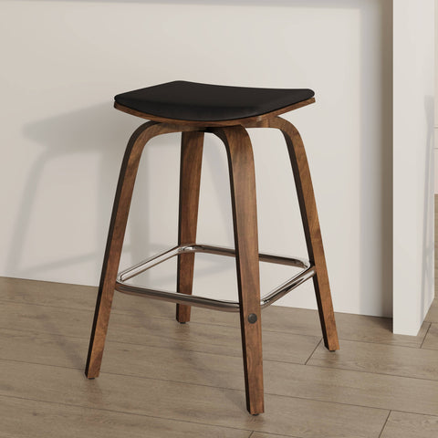 Pelya Leather Counter Stool with Square Seat and Poplar Wood Base