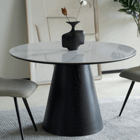 Riven 47" Round Dining Table with Sintered Stone Top and Ash Wood Veneer Base