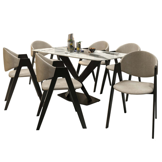 Voren 7-Piece Dining Set with Rectangular Sintered Stone Dining Table and 6 Upholstered Dining Chairs