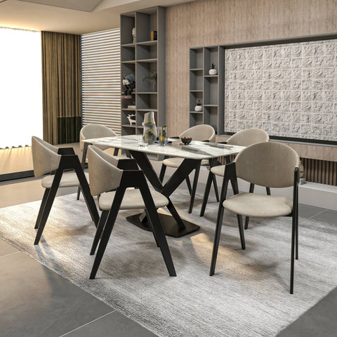 Voren 7-Piece Dining Set with Rectangular Sintered Stone Dining Table and 6 Upholstered Dining Chairs