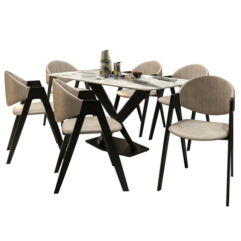 Voren 7-Piece Dining Set with Rectangular Sintered Stone Dining Table and 6 Upholstered Dining Chairs