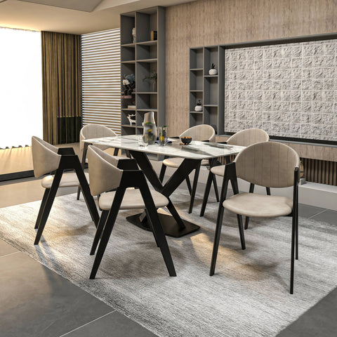 Voren 7-Piece Dining Set with Rectangular Sintered Stone Dining Table and 6 Upholstered Dining Chairs