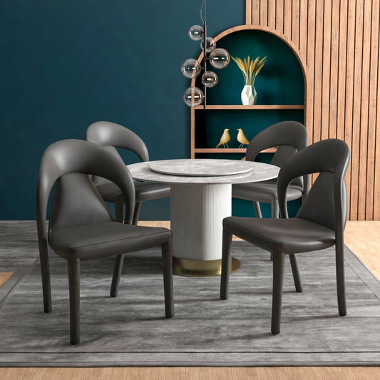 Solace Series Dining Chair Upholstered in Leather with Steel Legs and an Open Back Design