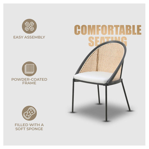 Urbane Dining Chair with Vinyl Fabric Seat and Wicker Backrest in Stainless Steel Legs Set of 4