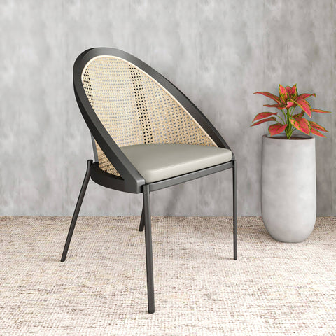 Urbane Dining Chair with Vinyl Fabric Seat and Wicker Backrest in Stainless Steel Legs Set of 4