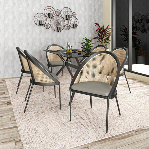 Urbane Dining Chair with Vinyl Fabric Seat and Wicker Backrest in Stainless Steel Legs Set of 4